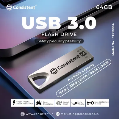 Our 64GB USB 3.0 flash drive features a sleek metal shell that is both shock-proof and drop-resistant. It's a lightweight and reliable way to carry your important files, available in capacities from 16GB to 256GB.