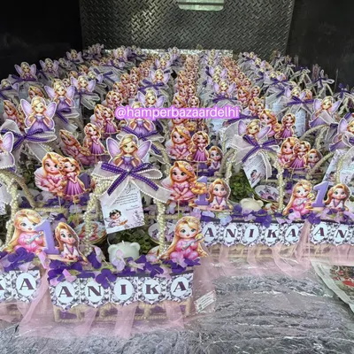 A whole army of lavender pink theme hampers ready for Anika's first birthday! We love handling bulk orders for return gifts and ensuring every single hamper is perfect.