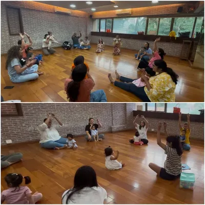 A collage from our "Banjo" collection wrap-up, showing parents and children engaged in hand-play songs. These activities are wonderful for bonding and developing fine motor skills.