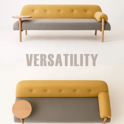 This versatile sofa features a two-tone design with an integrated wooden side table. It's a perfect example of how I fuse comfort, function, and modern aesthetics in one piece.