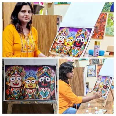 A collage showing the process and the final version of my Sri Jagannath ji painting. Created with acrylics on paper, this piece captures the vibrant and divine presence of the deities.