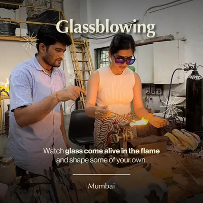 Feel the heat and watch glass come alive in the flame. In our Mumbai glassblowing workshop, I'll guide you as you learn to shape molten glass into a beautiful keepsake. No prior experience is needed to try this fiery craft.