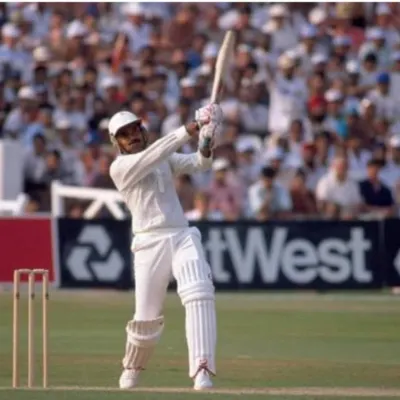 A classic cover drive during my playing days in England. The techniques I learned to counter the moving ball are the same ones I now teach my students.