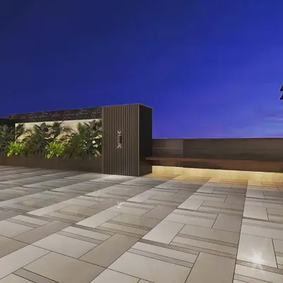 This 3D render shows our plan for a minimalist terrace with clean lines. It features a built-in bench, subtle planters, and sleek flooring, all visualized for client approval before work begins.