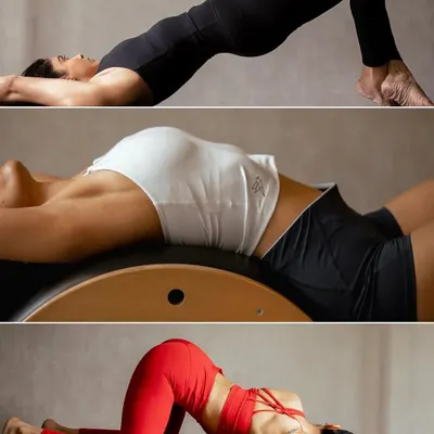 This collage shows different moments from a typical flow class. You can see variations of bridge pose and puppy pose, which are fundamental for building core strength and increasing spinal flexibility.