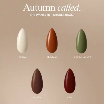 Autumn called, she wants her shades back. This shade card shows five perfect colors for the season, from cream and mocha to a deep vino red.