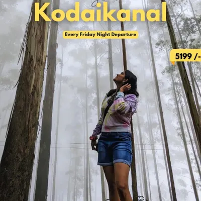 Our official flyer for the Kodaikanal backpacking trip, highlighting key attractions like Dolphin Nose, Guna Caves, and Pine Forest. We depart every Friday night from Bengaluru.