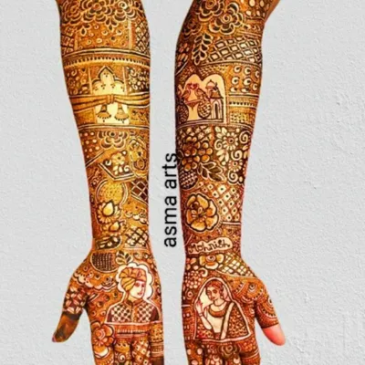 A stunning full-arm bridal design with detailed portraits of the bride and groom on the palms, surrounded by intricate traditional patterns.