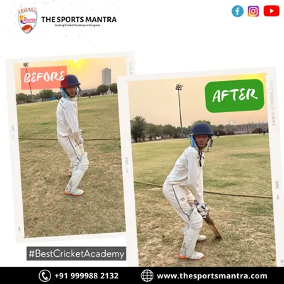 A side-by-side comparison showing the improvement in a player's batting stance. The 'after' photo shows a more balanced, athletic, and ready position, demonstrating the impact of our coaching.