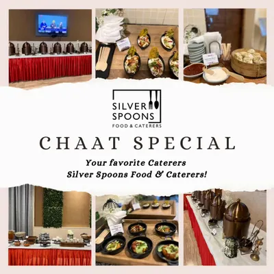 A promotional collage for my 'Chaat Special' menu. It showcases the variety of chaat dishes and the elegant buffet setups I provide for a complete street food experience.