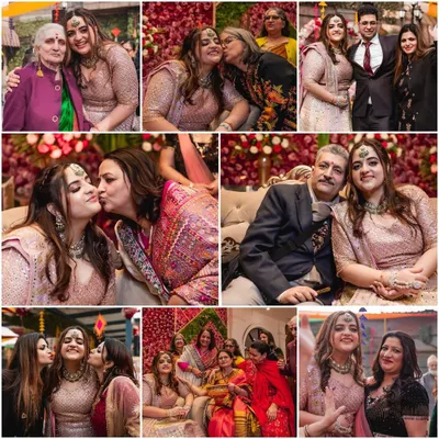 A wedding is incomplete without the love of family. This collage is filled with heartwarming moments of the bride sharing kisses and hugs with her parents, grandmother, and friends during her Mehendi ceremony.