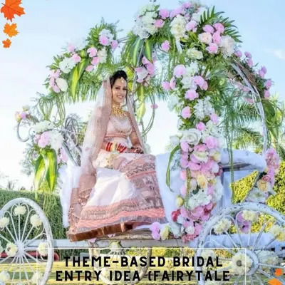 A fairytale bridal entry idea. The bride arrives in a beautiful white carriage adorned with pastel flowers, perfect for a romantic, dreamy wedding.