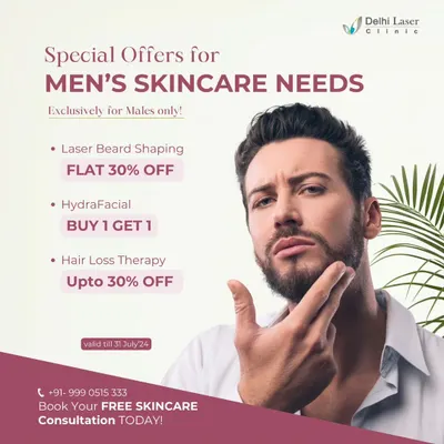 For my male clients, I offer specialized services like laser beard shaping to create a permanently sharp and defined beard line. This graphic also highlights other popular treatments for men, including HydraFacials and hair loss therapy, to address all your grooming needs.