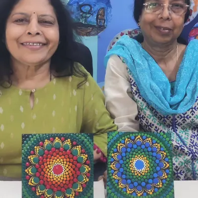 Two friends enjoying a peaceful and creative afternoon of dot mandala painting on canvas at my ArtBox studio.