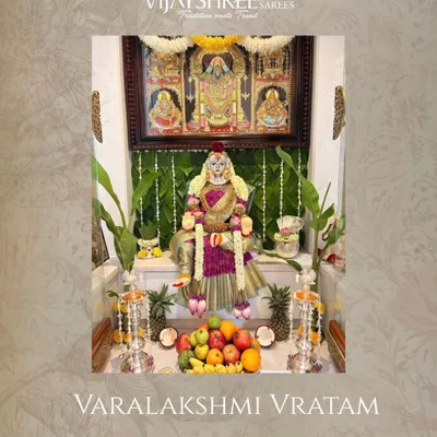 We are blessed to see our saree adorning the deity during the Varamahalakshmi Vratam celebrations at Sahana Manohar's home. A beautiful display of devotion and tradition.