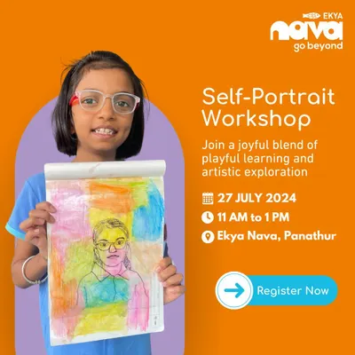 A young girl proudly displays the colorful self-portrait she created during our workshop. These sessions are a joyful blend of playful learning and artistic exploration, designed to boost confidence and self-expression.