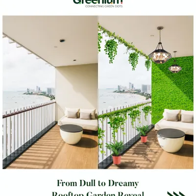 From dull to dreamy, this before and after shows a complete balcony overhaul. We added a vibrant green wall, hanging artificial creepers, and elegant lighting to create a stunning seaside escape.