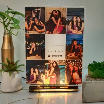A beautiful way to display your favorite moments with friends. This illuminated acrylic frame features a collage of nine photos and a scannable Spotify code for your friendship anthem.