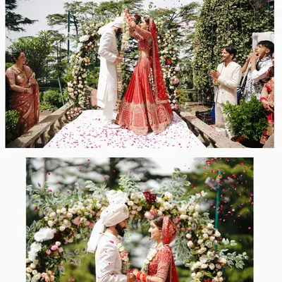 The Varmala ceremony, a moment of joy and mutual respect. I capture this from multiple angles, showing both the wide view of the celebration and the intimate close-up of the couple.