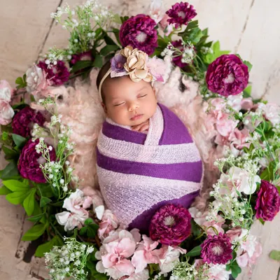 A classic and beautiful newborn portrait. The baby is wrapped snugly in purple and surrounded by a wreath of matching flowers, creating a peaceful and artistic image.
