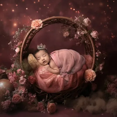 A newborn princess sleeps in a dreamy, celestial setup. The circular basket, soft pink tones, and starry background create a magical and peaceful portrait.