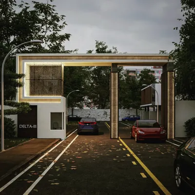 A 3D render of a modern entrance gate design for a residential society in Delta, Greater Noida. This concept features illuminated pillars and a perforated metal screen, blending security with sophisticated architectural design.
