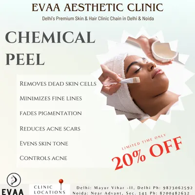This graphic highlights the key results of a chemical peel, including removing dead skin cells, minimizing fine lines, fading pigmentation, and controlling acne.