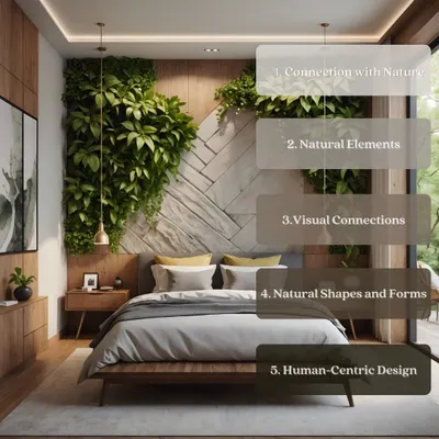 Biophilic design is a core principle of our work. This graphic illustrates key elements like connection with nature and the use of natural forms, which we integrate into our projects to create spaces that are calming, refreshing, and human-centric.