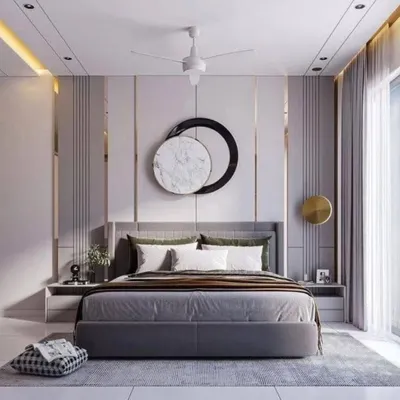 This 3D render of a master bedroom showcases a luxurious and modern aesthetic. The feature wall behind the bed combines vertical paneling with metallic accents and a central art piece. The neutral color palette and soft lighting create a sophisticated and calming environment.
