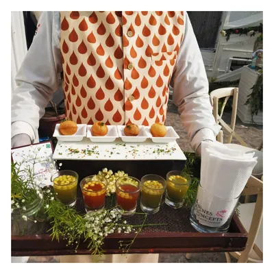 A modern take on a classic street food. Our deconstructed Pani Puri is served on an elegant tray, with flavour-infused waters in individual shot glasses for a sophisticated presentation.