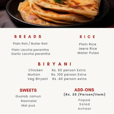 Our catering menu for breads, rice, biryani, and sweets. We offer options like Laccha Parantha, Matar Pulao, and Gulab Jamun to complete your party meal.
