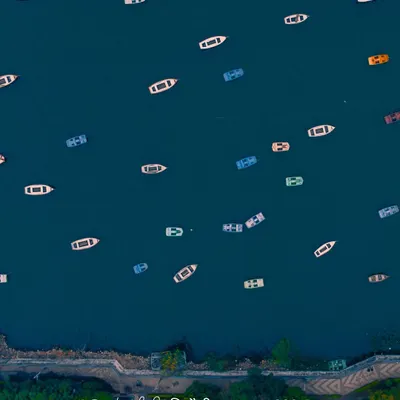 An aerial pattern of boats at the Boat Club in Bhopal. From the sky, everyday scenes transform into beautiful, abstract art.