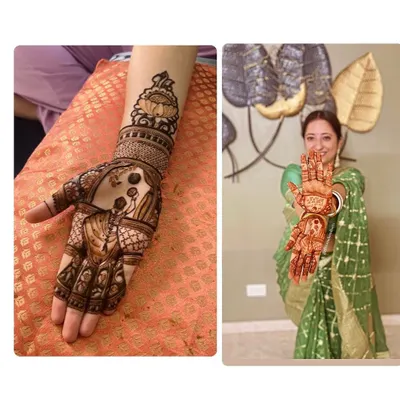 A happy client showing off her Karwa Chauth mehendi. The design features a woman holding a sieve, a classic symbol of the festival, created with my organic henna.