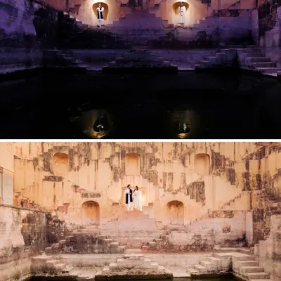 A dramatic pre-wedding shoot at a historic step-well, using creative lighting to create a sense of scale and romance. These wide and close-up shots show our ability to turn a location into a cinematic backdrop for your love story.