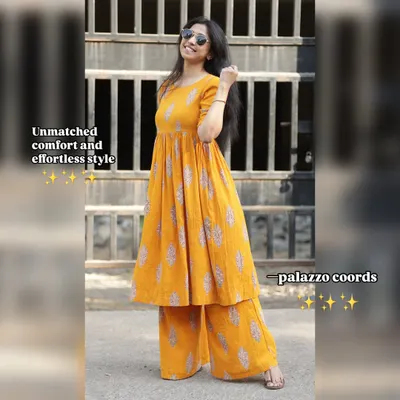 Unmatched comfort and effortless style. This image highlights the flowy silhouette of our yellow printed palazzo co-ords, perfect for a sunny day.