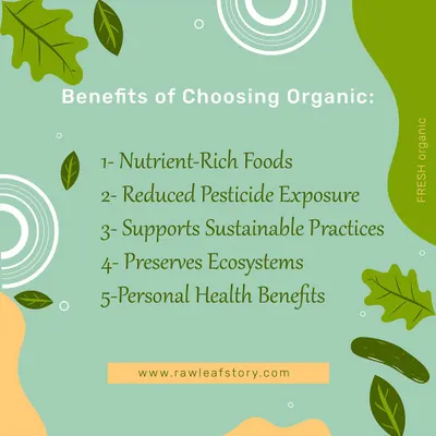 This graphic clearly lists the key benefits of choosing organic food. It leads to more nutrient-rich meals, reduces your exposure to pesticides, and supports sustainable farming practices that protect our planet.