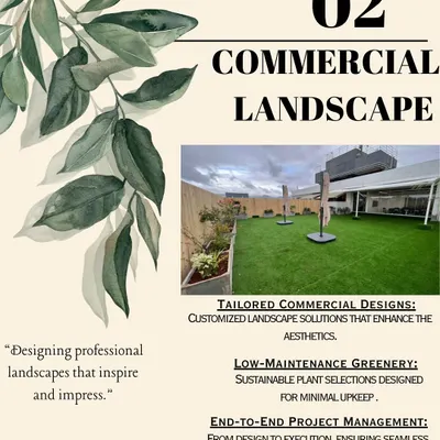 This graphic summarizes my commercial landscaping services. I focus on creating tailored designs that reflect your business, using low-maintenance greenery for sustainability, and managing the entire project from concept to completion.