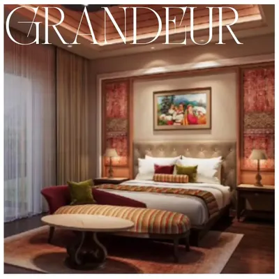 This hotel room at a Nahan resort exudes grandeur and warmth. I used rich textiles, custom wood paneling with traditional motifs, and a plush chaise lounge to create a space that feels both luxurious and deeply comfortable.