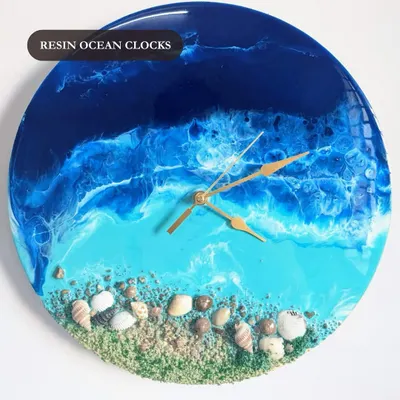 This resin ocean clock is one of my most popular items. It combines the beauty of art with the function of a timepiece, featuring real shells and sand.