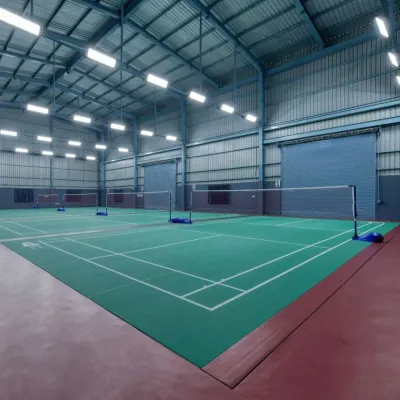 The GOAT Club in Horamavu is a 7,650 sq. ft. sports facility I designed. It features four professional-grade badminton courts, anti-glare lighting, and a comfortable lounge area, all planned within a pre-engineered building shed for efficiency and durability.