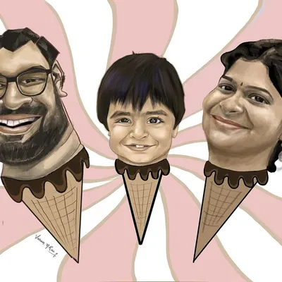A sweet and fun family caricature where everyone is an ice cream cone. This is a great example of how we can turn a simple portrait idea into something creative and memorable for the whole family.