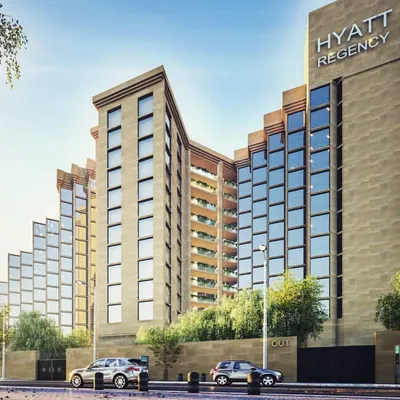 This is an architectural visualization we created for a commercial hospitality project, the Hyatt Regency. Our render showcases the building's modern, staggered facade in a realistic urban setting, essential for planning and marketing.