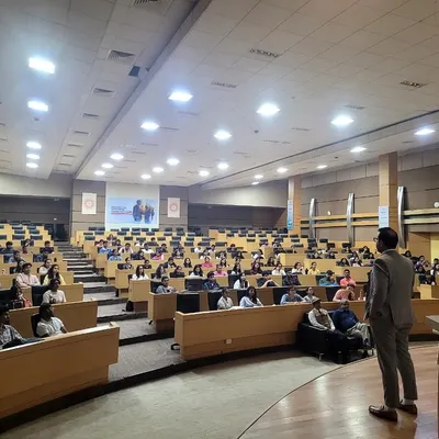 A wide view of the auditorium at Mahindra University - School of Law, where our Partner, Saurabh Bindal, addressed an assembly of law students during their orientation ceremony.