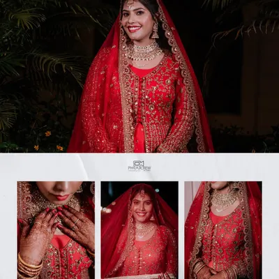 A collage of a bride in her red lehenga, combining a main portrait with smaller detail shots.