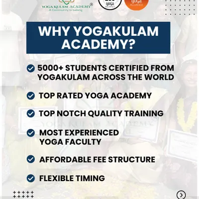 This graphic summarizes why students from all over the world trust Yogakulam. With over 5000 certified students, we are a top-rated academy known for quality training, experienced faculty, and flexible timings, all at an affordable fee structure.