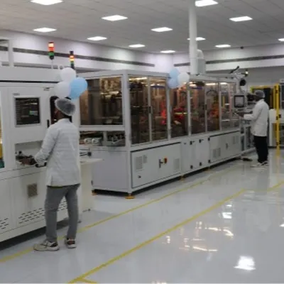 Our newly upgraded, fully automated PV module manufacturing line in Bangalore. We use the latest robotics and precision machinery to produce solar panels that meet the highest standards of efficiency and durability.