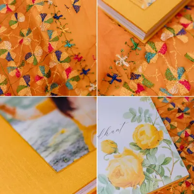 A collage showcasing the craftsmanship of a luxury wedding album, with its custom floral illustrations and fine fabric cover.