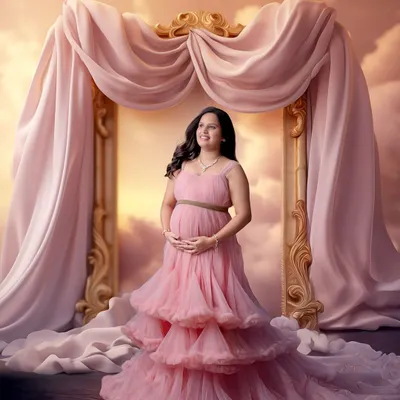 A fairytale-inspired creative portrait. This image combines a beautiful pink gown with a digitally created backdrop of clouds and elegant drapery for a truly magical effect.