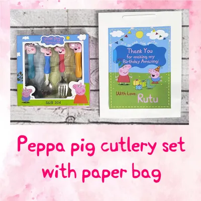 This Peppa Pig cutlery set is a useful and adorable return gift. It comes with a personalized paper bag featuring a thank you message from the birthday girl, Rutu.