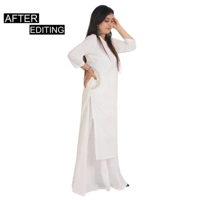 An 'after editing' shot of a model in a white kurti set against a pure white background. This is the final, polished image you get, ready for your Amazon or Myntra listing.